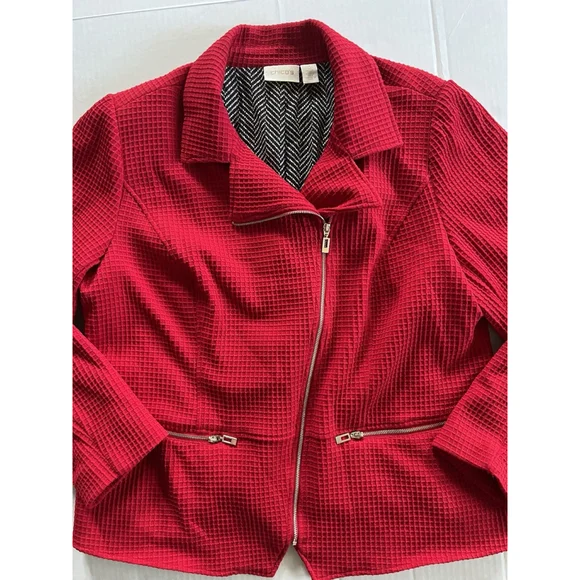 Chicos Red Moto Jacket Waffle Texture Side Zip Closure Size 3 Gold Zip - Picture 4 of 9